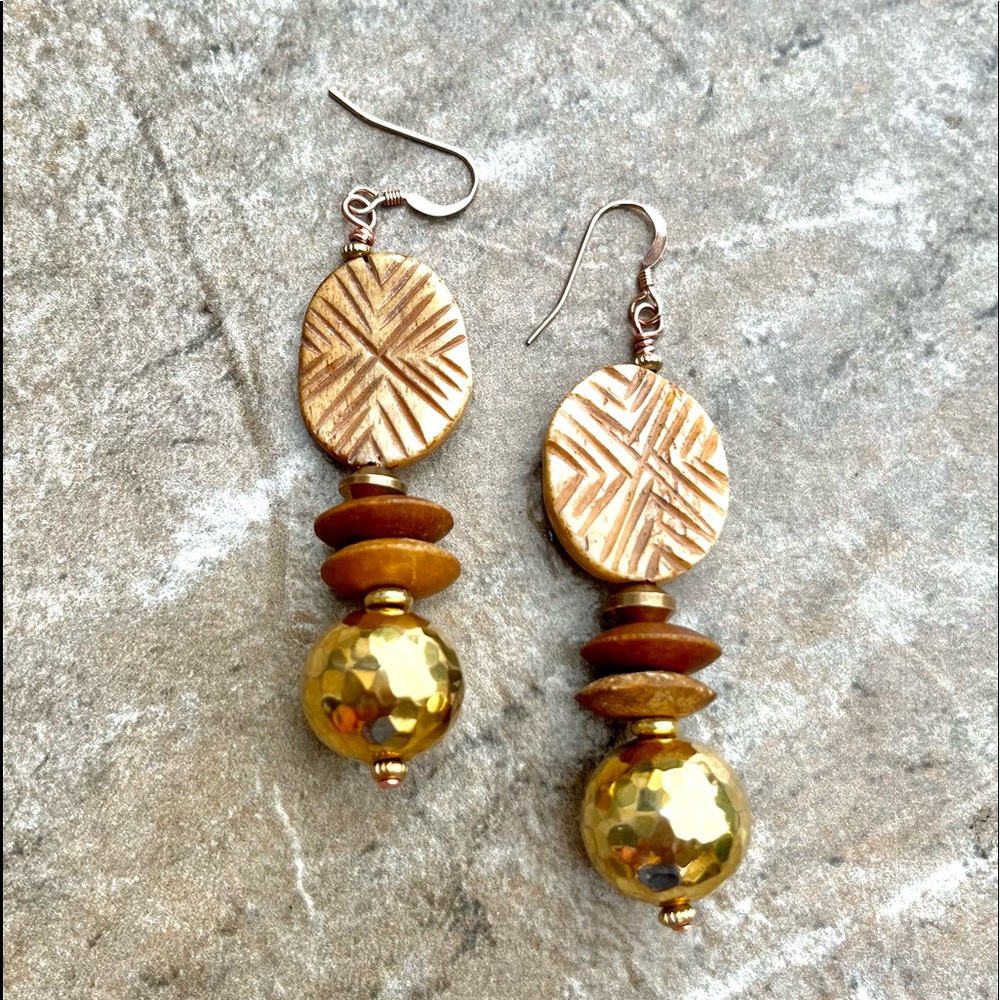 Tribal Bohemian Earrings African Trade Batik Bone and Ethnic Brass Beads